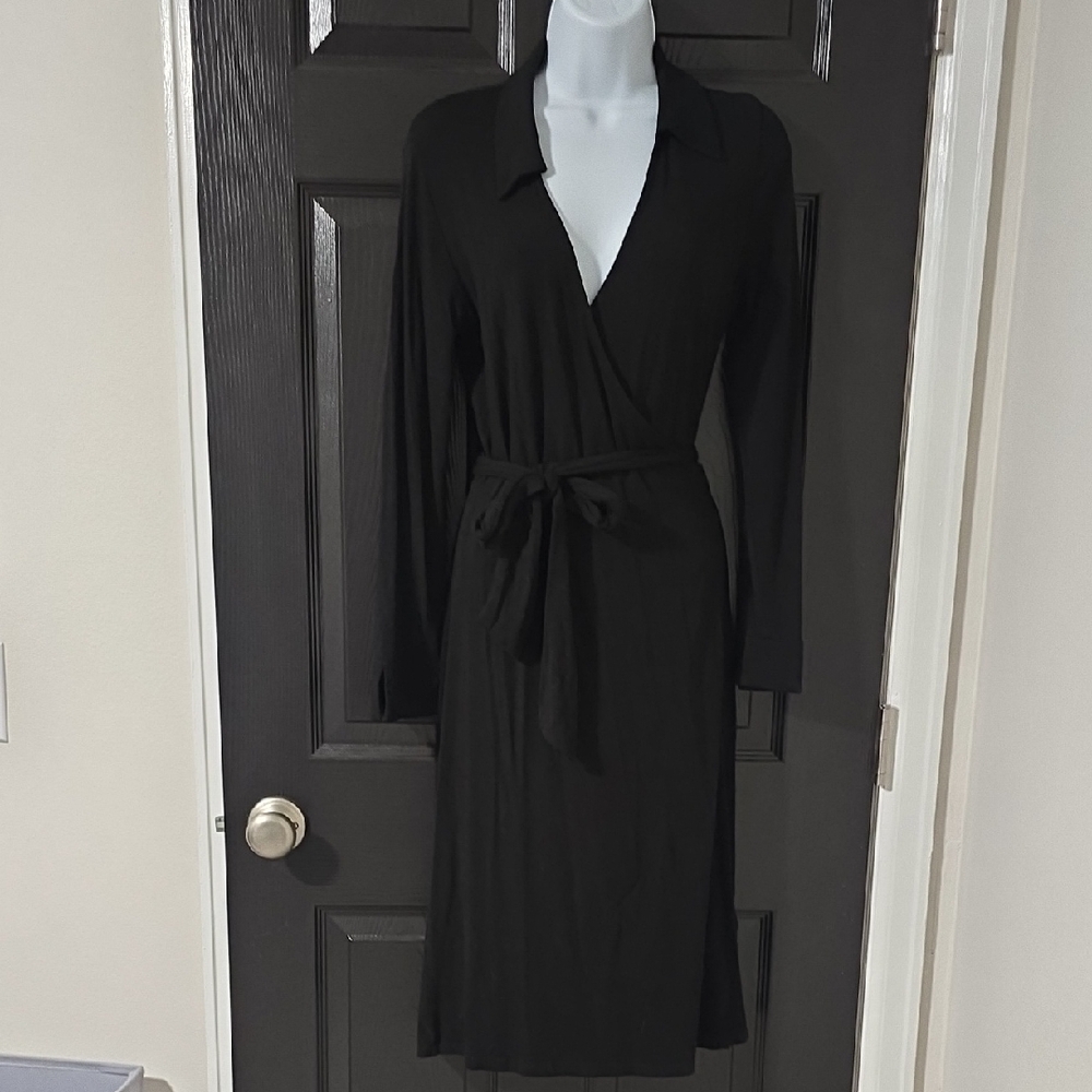 Boden Black Long-Sleeve Wrap Dress with Tie Waist